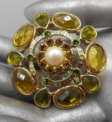 Victorian Revival Cabochon Brooch Rhinestone Faux Pearl Oval Pear Faceted Glass