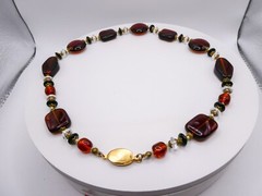 Chunky Modernist Beaded Cognac Molded Glass 20″ Statement Stackable Necklace