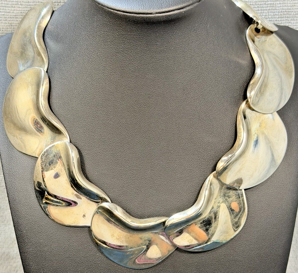 Vintage Modernist Statement Necklace Silver Tone Mirror Finish Chunky Collar