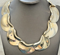 Vintage Modernist Statement Necklace Silver Tone Mirror Finish Chunky Collar