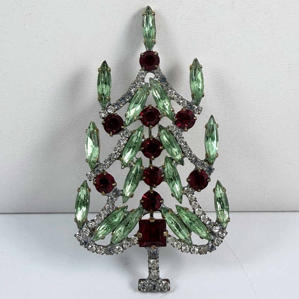 Stunning Vintage Christmas Tree Brooch Red Green Clear Rhinestone Holiday Pin