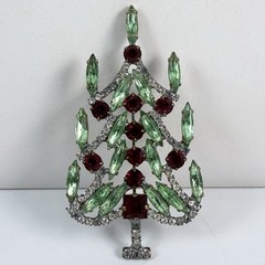 Stunning Vintage Christmas Tree Brooch Red Green Clear Rhinestone Holiday Pin