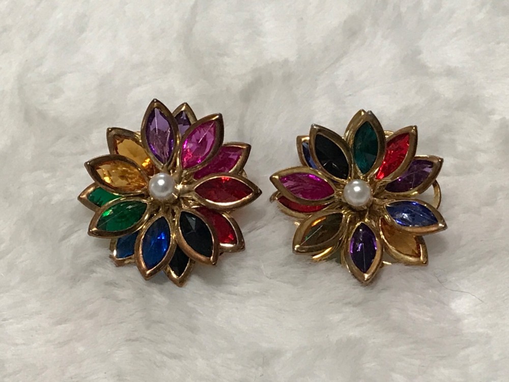Vintage Lotus Flower Colorful Rainbow Stained Glass 3 Dimensional Earrings