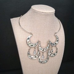 Vintage Alpaca MEXICO Cresent Moon Bib Necklace Abalone And White Enamel. 17.883