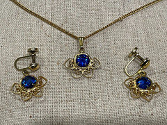 VTG SORRENTO Sapphire Pendant, Earrings Filigree set 1/20GF Italy