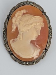 Antique Shell Cameo Brooch Pendant 800 Silver Hand Carved Classical Lady