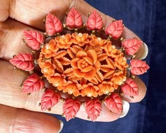 Vintage Pink Orange Carved Thermoset Brooch Gold Tone Back Faux Pearls