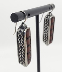 Vintage BEN-AMUN Modernist Silver Bar Dark Red Stripe Dangle Pierced Earrings