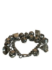 VTG Silver Tone Charm Bracelet Jingle Bells & Geometric Shapes 7 Inches Chunky