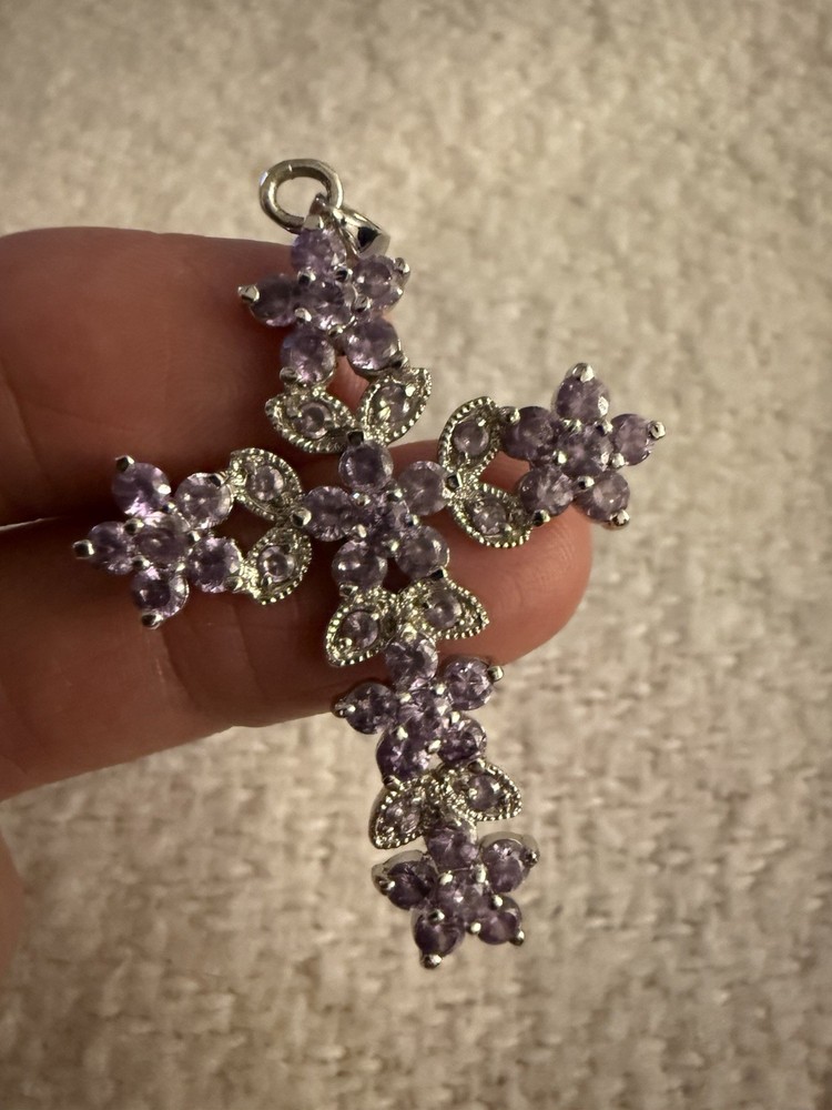 Vintage Silver Tone & Lilac Purple Crystals Cross Pendant See Desc