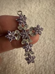 Vintage Silver Tone & Lilac Purple Crystals Cross Pendant See Desc