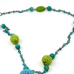Vintage Y2K Blue & Green Beaded Tassel Necklace Boho Chic Long Lariat Style