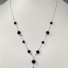 Glass Bead Necklace Black Clear Station Lariat Silver Tone Chain Collar 20″