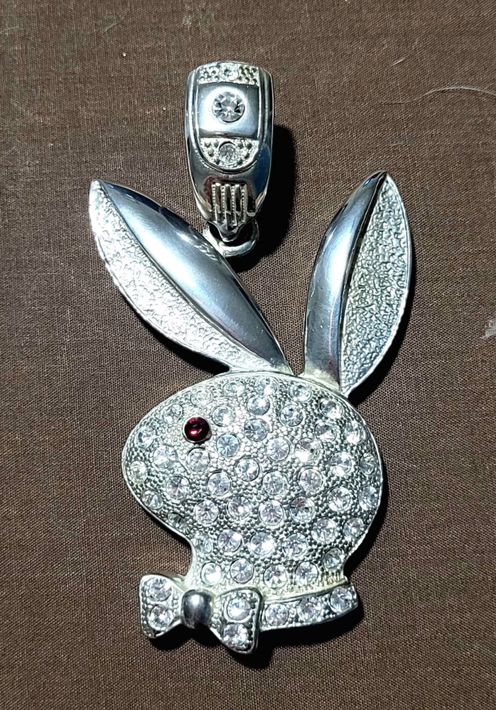 Silver Plated Vintage Playboy Bunny Blink Pendant With Pave Cryatals