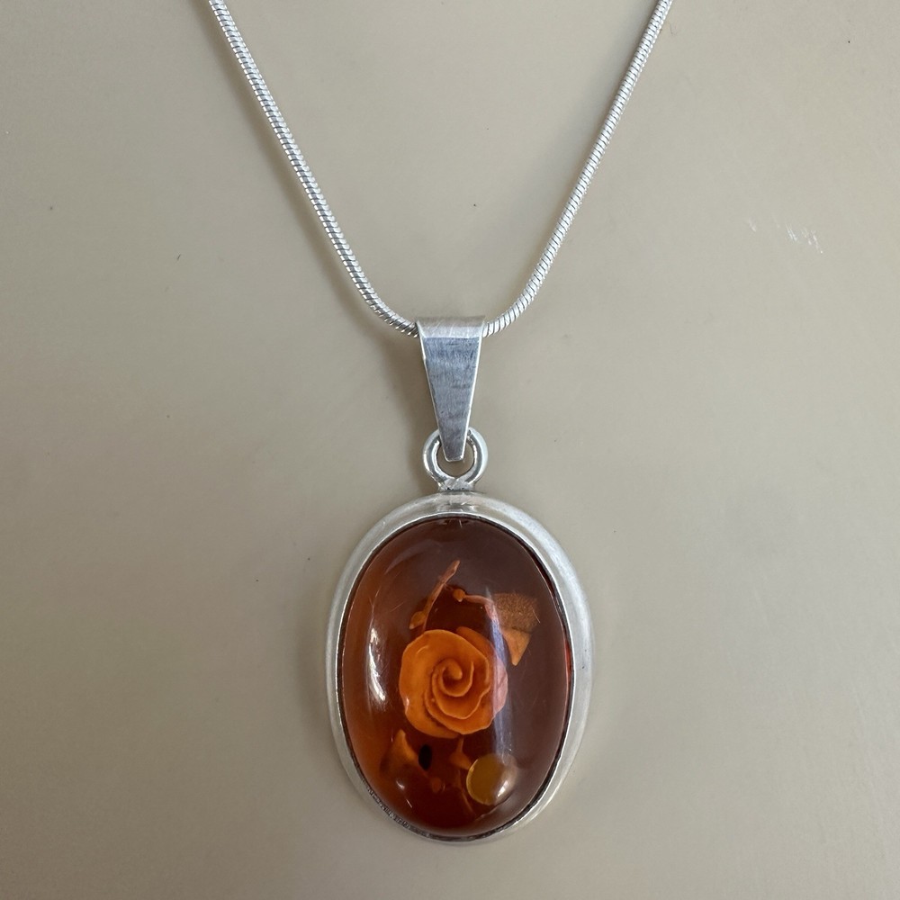VTG Pendant Necklace 18 Inch Amber Reversed Carved Rose Italy 925 Sterling 9.3g
