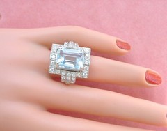 ESTATE ART DECO 10ct AQUAMARINE 1.35ctw DIAMOND PLATINUM STATEMENT COCKTAIL RING
