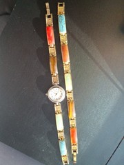 Vtg Multi Stone Inlay Panel Watch (works) Bracelet Set Chinese Symbol Good Luck