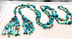 Vtg 58 Inch Beaded Tassel Lariat Necklace Sterling, Turquoise , Chrysoprase etc.