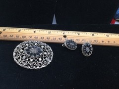Vintage Silver Tone Black Star Burst Brooch And Clip Earrings