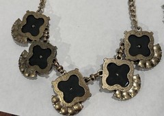 Vintage Costume Jewelry Necklace & Earring Set, Faux Fire Opal Onyx Rhinestone