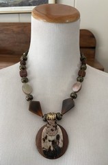 Anthony Alexander Chunky Wood & Mother of Pearl Beaded Statement Necklace Brown