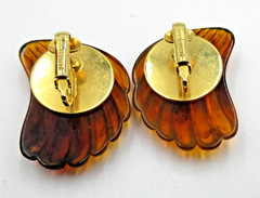 VTG LES BERNARD BIG clip on brown yellow shade gold tone HINGED PIERCED Earring