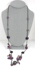 Purple Beaded Station Necklace Art Glass A/B Acrylic Beads Gunmetal Flapper 36″