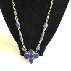 Vintage Pakistan Lapis Lazuli Flower Necklace, Boho Ethnic Inlay, Blue Stone
