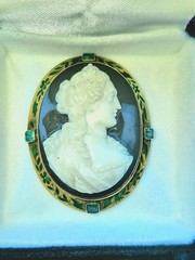 Antique Chalcedony Cameo 14K Gold Brooch/Pendant W/enamel & Emeralds