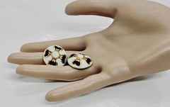 New Old Stock Vintage Revlon Pierced Earrings Blue White Enamel Floral Design 1″