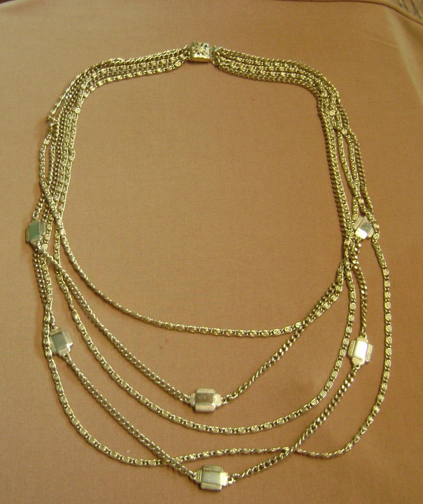 VINTAGE MULTIPLE 5 CHAIN FILIGREE PUSH LOCK CLOSURE GOLD TONE NECKLACE