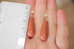 Handmade 14K Carved Large Sunstone Tear Drop Lever back Earrings