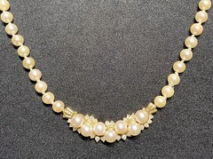 14k Yellow Gold 6.5mm pearl strand and Diamond 1.00ct Necklace 17-1/2″ Long