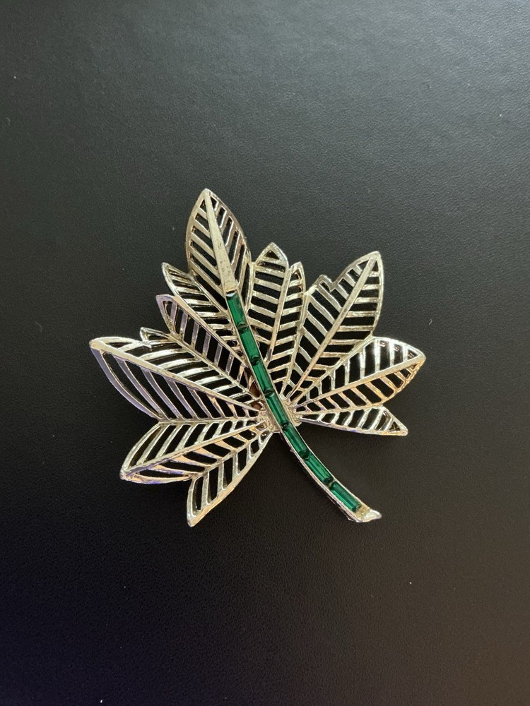 Vintage Signed Amerique Leaf Brooch Emerald Green Channel Set Stones