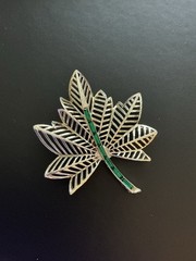 Vintage Signed Amerique Leaf Brooch Emerald Green Channel Set Stones