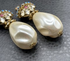 Rare Serbin Massive Royal Cross VTG 80s Faux Pearl Rhinestone Earrings Runway