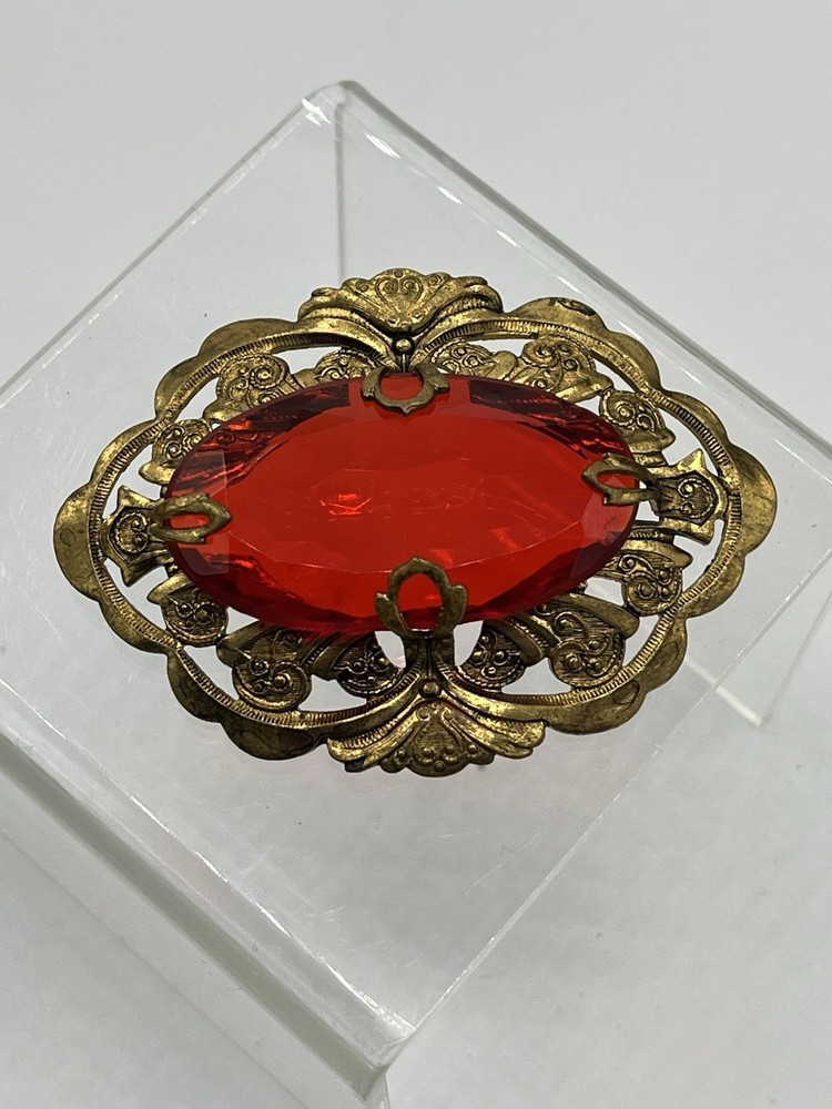 Vintage Large Red Glass Ornamental Brass Setting Brooch Missing Pin READ