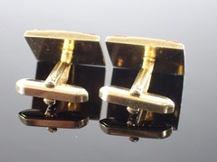 Vintage Gold Tone Red Stone Rectangular Cufflinks Mid Century Style