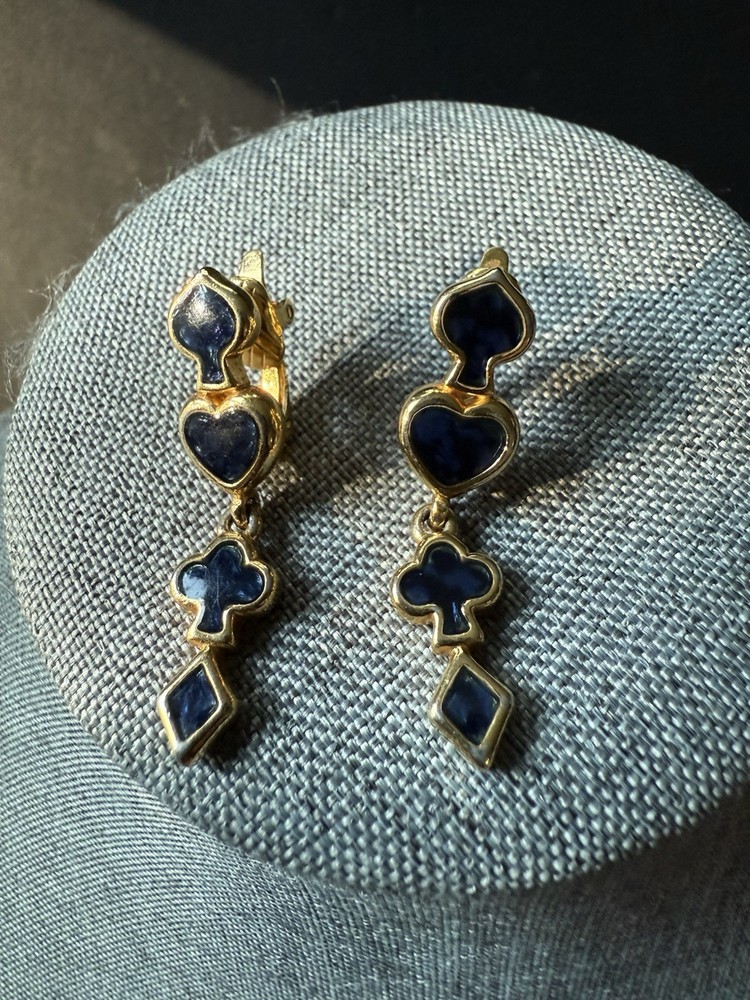 Vintage Dangle Drop Enamel Earrings Blue Gold Tone Cocktail Career Geometric