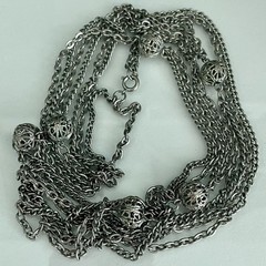 Vintage Silver Tone Multi Strand Filigree Bead Stations Chain Necklace 53” Long