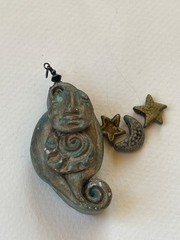 Handmade Green & Gold Polymer Clay Celestial Face & Star & Moon Charms Pendant –