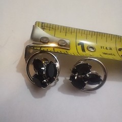 Vtg Black Rhinestone Clip On Earrings Silver Finish 3 Stone MCM