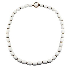 Vintage Crown Trifari MCM 1950s 1960s White Lucite Barrel Beads 28″ Necklace