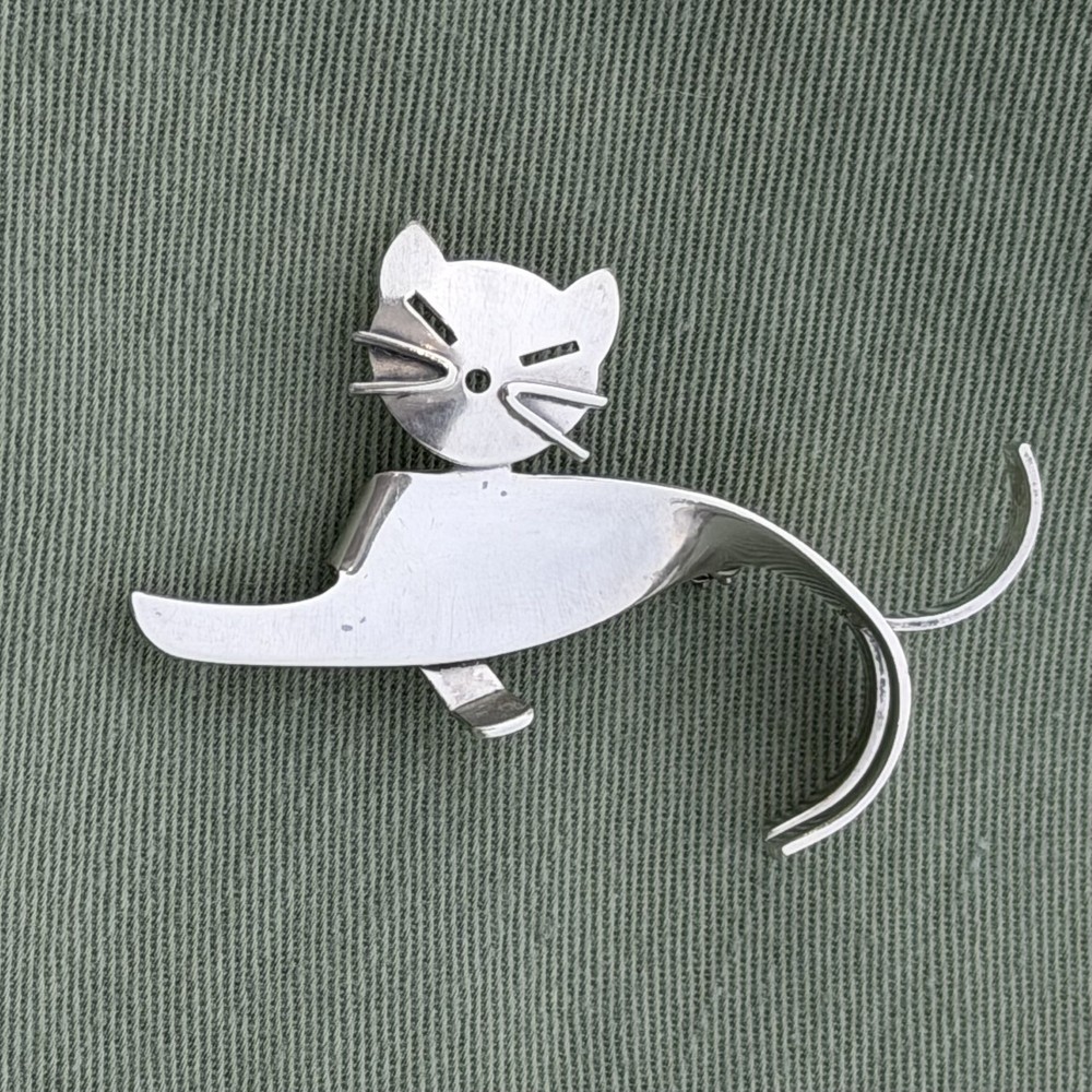Vintage BEAU Sterling Modernist CAT Brooch Mid Century Articulated Pin Signed
