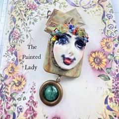 Vintage 1980s THE PAINTED LADY One of Kind Artisan Designer Brooch On Org Card