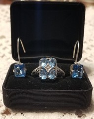 Art Deco Antique Blue Topaz Diamond Accent Ring & Earrings Set,Size 10, 925 &CNA