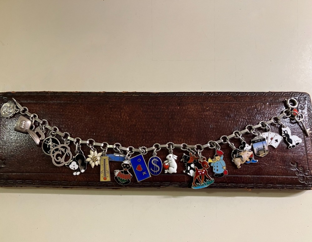 RARE VINTAGE AUSTRIA 800 SILVER ENAMEL LOADED CHARM BRACELET ESTATE FIND A+