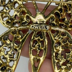 Vintage Weiss Butterfly Brooch Red Green Blue Gold Tone Signed 2.5 Inches