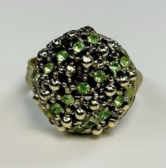 Vintage Green Rhinestone Cocktail Dome Ring Adjustable Band Gold Tone