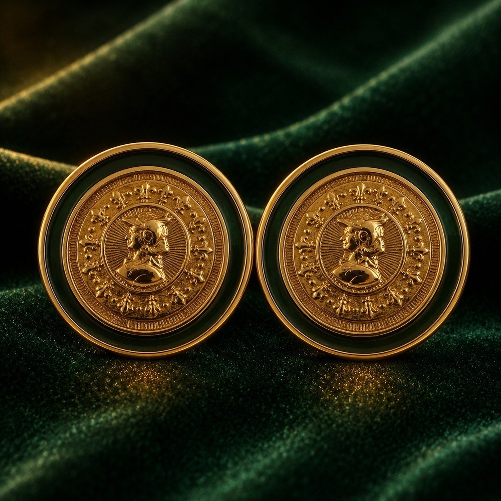 Vintage Signed WM Mercury Hermes Coin Earrings Green Enamel Gold Tone Studs